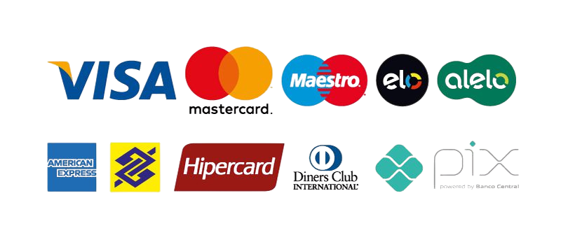 Métodos de pago aceptados: Visa, Mastercard, Maestro, Elo, Alelo, American Express, Banco do Brasil, Hipercard, Diners Club y Pix